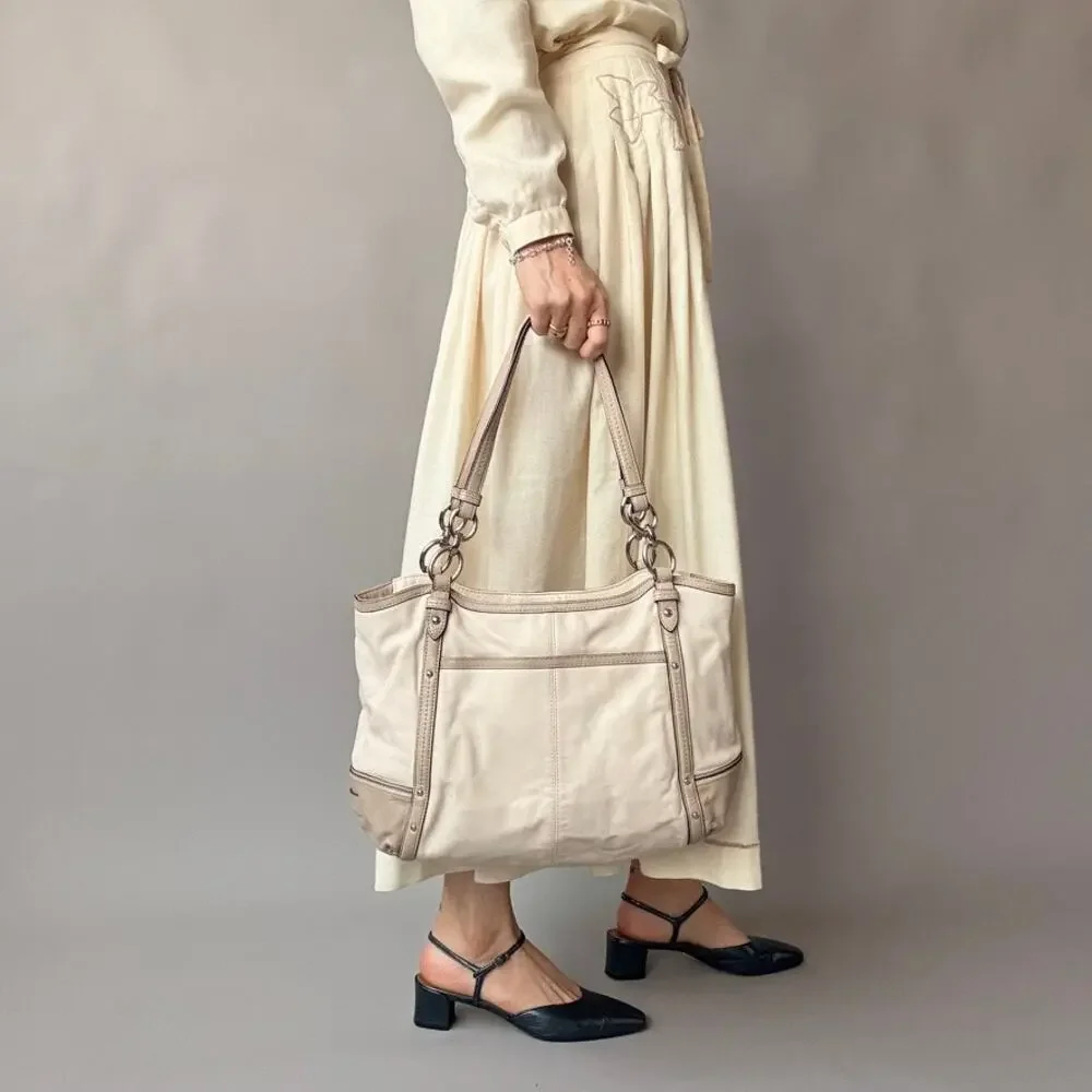 Vintage Coach Alexandra F20812 Cream & Taupe Leather Shoulder Tote